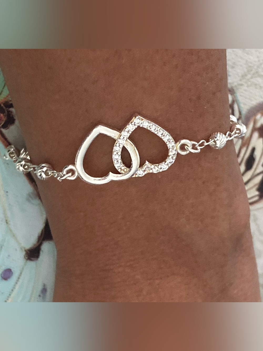 Double Heart Silver 925 Bracelet with Crystal Accent - Women Jewelry